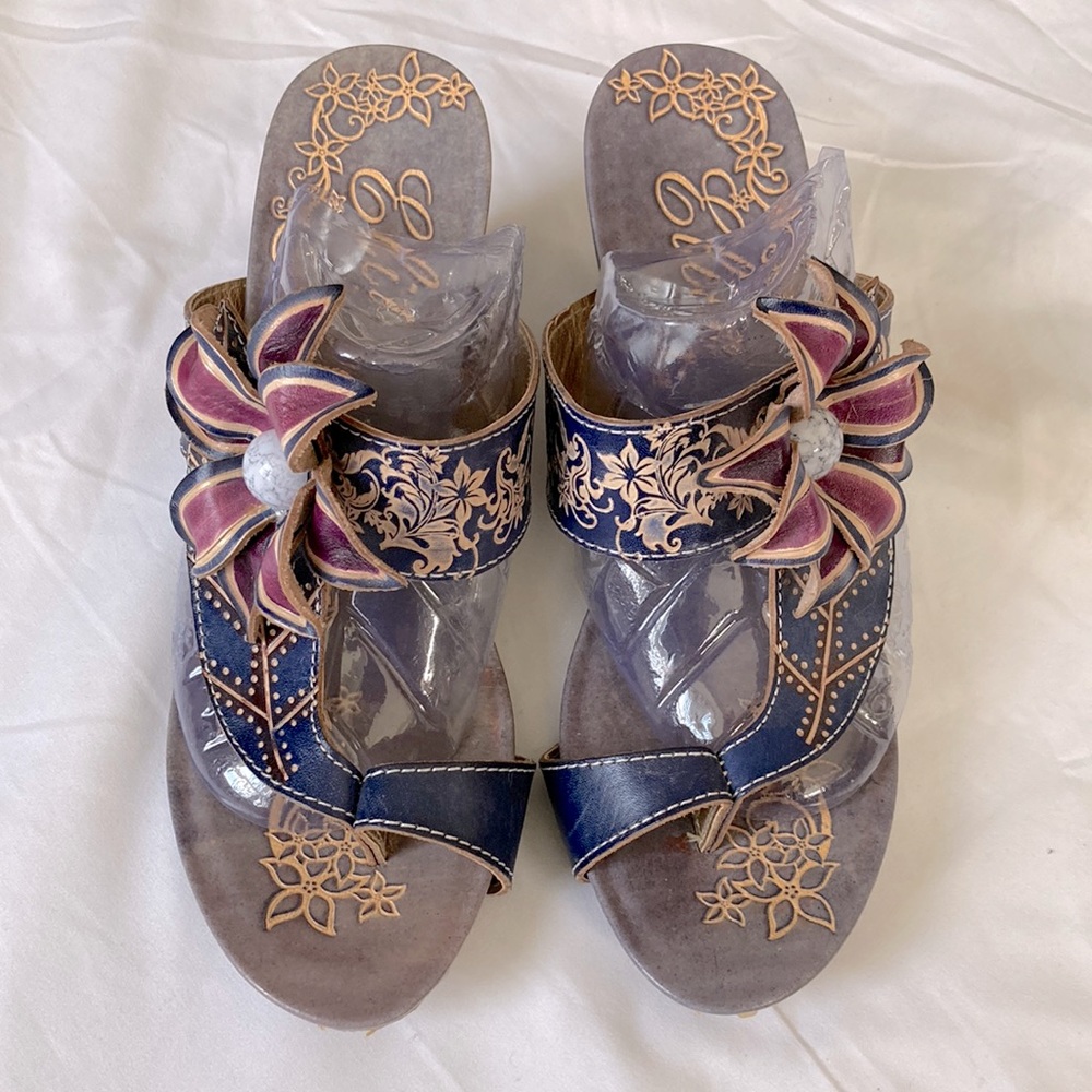 Blue leather wedge sandals